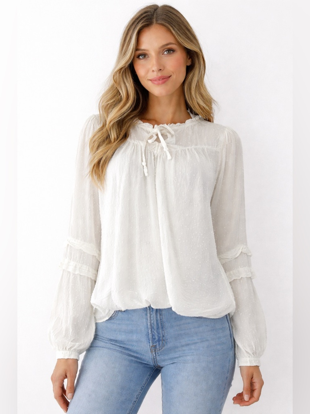 Ann Taylor LOFT White Swiss Dot Blouse Women sz S long  Sleeve Boho Feminine Top